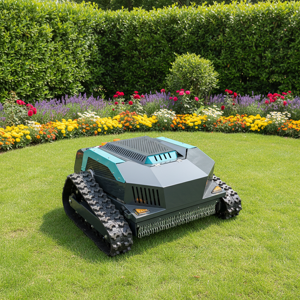 Remote Control Lawn Mower with Tracks, Gasoline Powered RC Grass Cutter for Steep Slopes and Large Yards