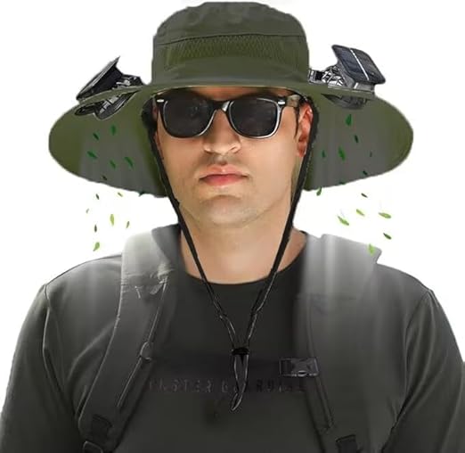 Solar Fan Hat, Wide-Brimmed Sun Hat with 2 Fans, Solar + USB Powered, Adjustable Angle, for Men and Women Fishing and Beach