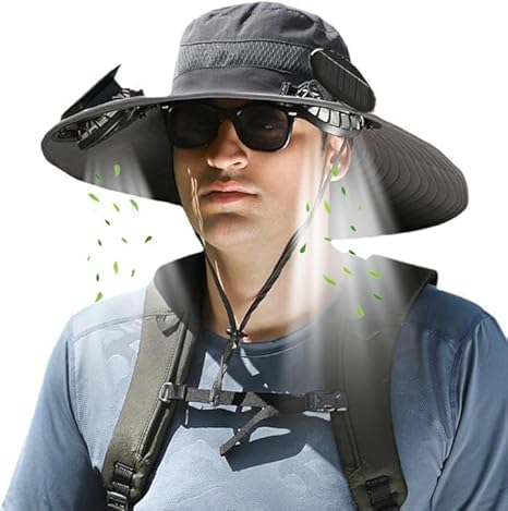 Solar Fan Hat, Wide-Brimmed Sun Hat with 2 Fans, Solar + USB Powered, Adjustable Angle, for Men and Women Fishing and Beach