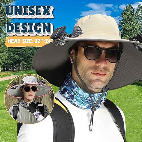 Solar Fan Hat, Wide-Brimmed Sun Hat with 2 Fans, Solar + USB Powered, Adjustable Angle, for Men and Women Fishing and Beach