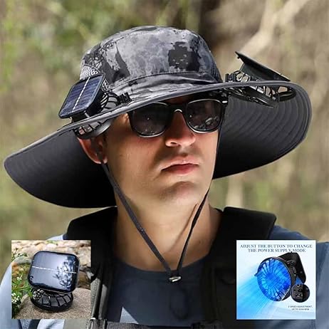 Solar Fan Hat, Wide-Brimmed Sun Hat with 2 Fans, Solar + USB Powered, Adjustable Angle, for Men and Women Fishing and Beach