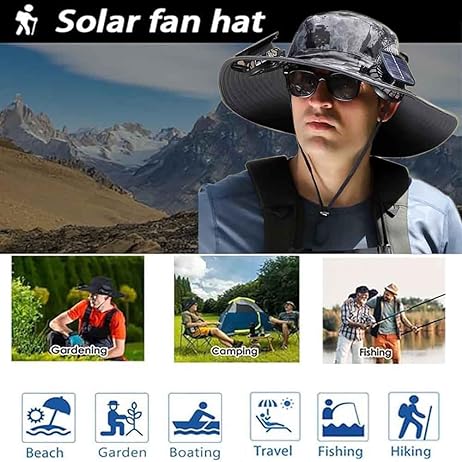 Solar Fan Hat, Wide-Brimmed Sun Hat with 2 Fans, Solar + USB Powered, Adjustable Angle, for Men and Women Fishing and Beach