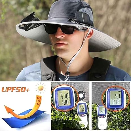 Solar Fan Hat, Wide-Brimmed Sun Hat with 2 Fans, Solar + USB Powered, Adjustable Angle, for Men and Women Fishing and Beach