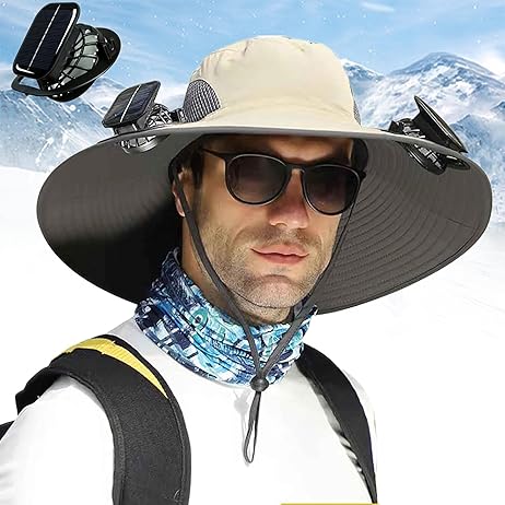 Solar Fan Hat, Wide-Brimmed Sun Hat with 2 Fans, Solar + USB Powered, Adjustable Angle, for Men and Women Fishing and Beach