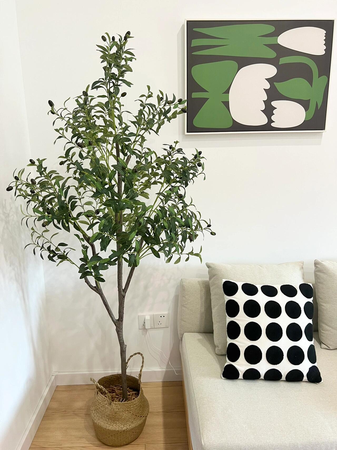 Olive Trees Artificial Indoor, Faux Olive Tree with White Tall Planter, Artificial Plants with Natural Wood Trunk and Lifelike Fruits for Home Office Decor