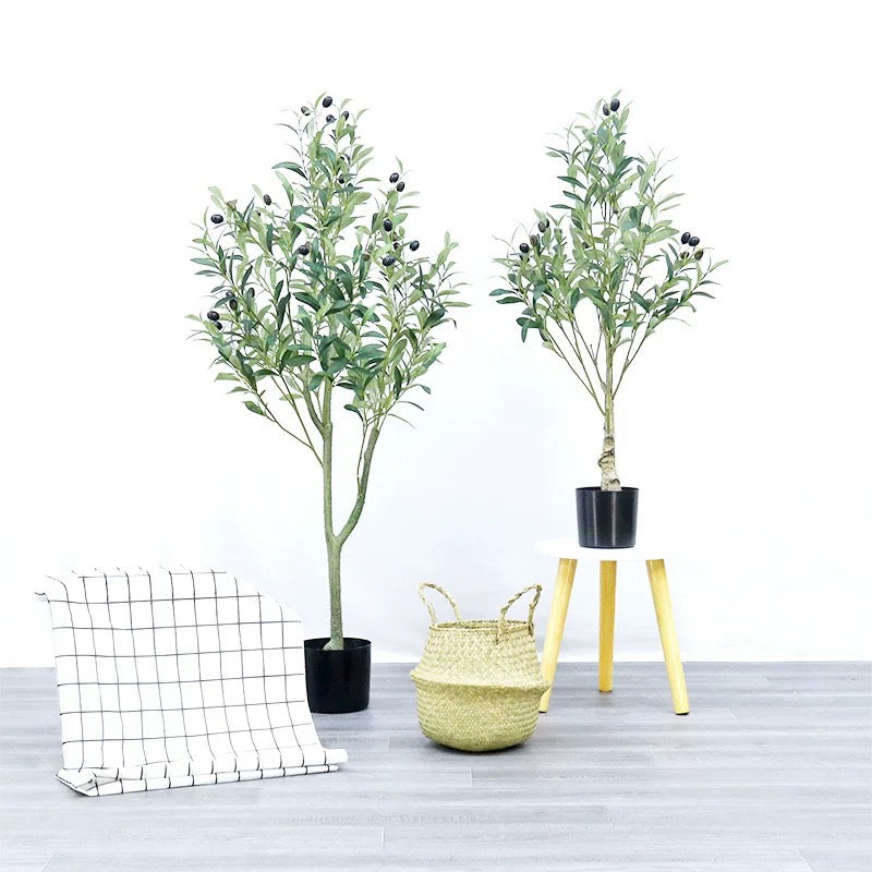 Olive Trees Artificial Indoor, Faux Olive Tree with White Tall Planter, Artificial Plants with Natural Wood Trunk and Lifelike Fruits for Home Office Decor
