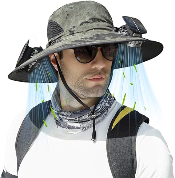 Solar Fan Hat, Wide-Brimmed Sun Hat with 2 Fans, Solar + USB Powered, Adjustable Angle, for Men and Women Fishing and Beach