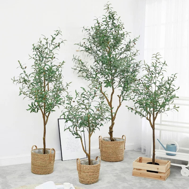 Olive Trees Artificial Indoor, Faux Olive Tree with White Tall Planter, Artificial Plants with Natural Wood Trunk and Lifelike Fruits for Home Office Decor