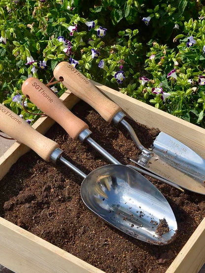 Garden Hand Trowel, Heavy Duty Polished Stainless Steel Garden Shovels with Wood Handle, Small Gardening Hand Tools for Digging, Planting, Measure, Transplanting