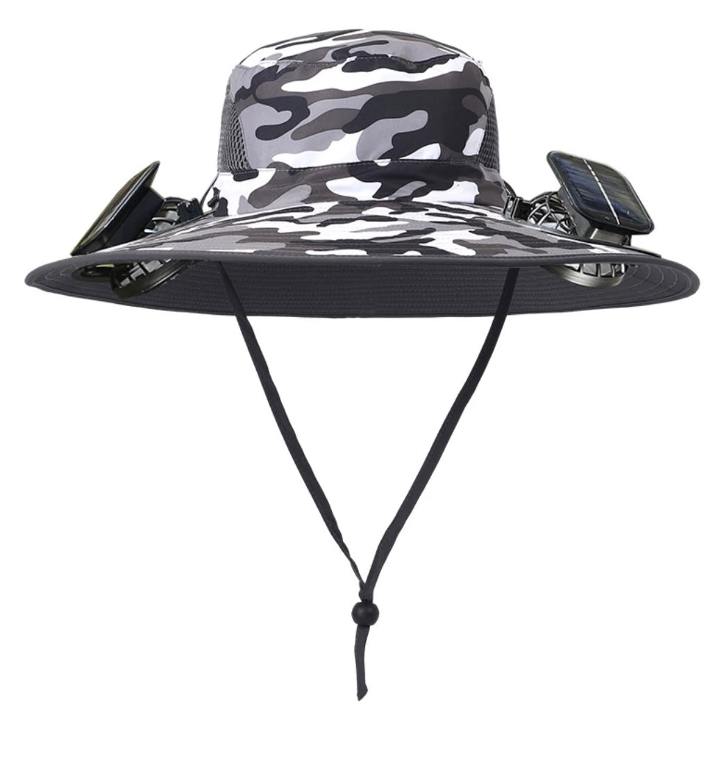 Solar Fan Hat, Wide-Brimmed Sun Hat with 2 Fans, Solar + USB Powered, Adjustable Angle, for Men and Women Fishing and Beach
