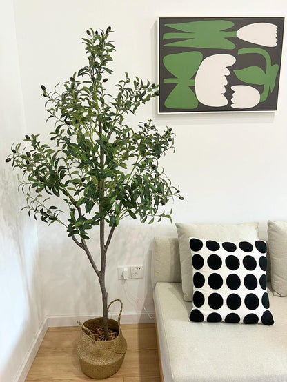 Olive Trees Artificial Indoor, Faux Olive Tree with White Tall Planter, Artificial Plants with Natural Wood Trunk and Lifelike Fruits for Home Office Decor