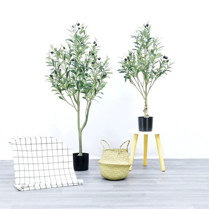 Olive Trees Artificial Indoor, Faux Olive Tree with White Tall Planter, Artificial Plants with Natural Wood Trunk and Lifelike Fruits for Home Office Decor